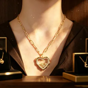 Irregular Heart Floating Charm Locket Necklace Copper Gold Rhinestone Hollow Pendant For Women Jewelry Gift
