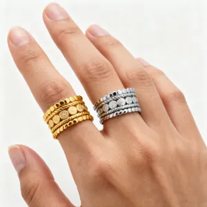 Luxury Stainless Steel Wide Band Multi-Layer Adjustable Open Ring 18K Gold Plated Vintage Sunflower Geometric Finger Ring For Women Jewelry