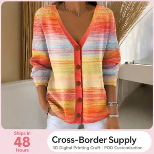 Cardigan en Maille pour Femme avec Impression Numérique 3D Col en V Épaules Tombantes Simple Boutonnage Manches Longues