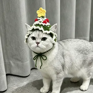 Cat wearing a crocheted Christmas tree hat with white trim, red pom-poms and a yellow star