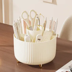 Organizer da scrivania girevole in plastica avorio, scanalato, con più scomparti e piedini dorati