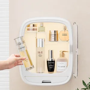White wall-mounted cosmetics storage cabinet with clear flip door, stocked with skincare bottles
