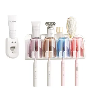 Wall-mounted toothbrush holder with toothpaste dispenser, four colored cups and electric toothbrushes