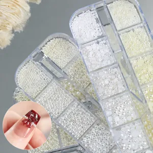 Artificial Pearl ABS Resin Mixed Sizes Flat Back Round Pearls For Nail Art DIY Manicure Accessories Shiny White Ivory Gems Storage Case