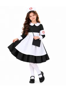 Costume d'Infirmière d'Halloween pour Filles Robe de Jeux de Rôle Avec Tablier Chapeau Brassard Sac pour Enfants Cosplay