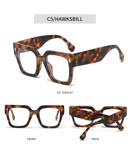 Three-view layout of hawksbill square frame glasses with detailed metal hinges