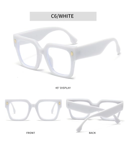 Detailed views of white square oversized glasses frames with gold metal temple accents