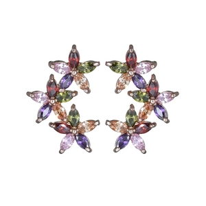 Three-flower copper stud earrings with AAA marquise zircon in rose gold plating