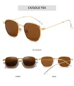 Detail views of gold metal frame sunglasses with tea lenses showing front and back angles
