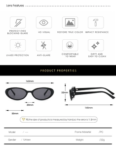 Detailed size chart and specifications of vintage oval UV400 protective sunglasses