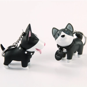 Detail of 3D dog keychains featuring Bull Terrier and Husky with Butti tag charms