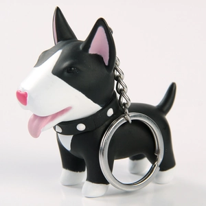 Detail of Bull Terrier dog keychain showing high-quality PVC texture and silver metal ring