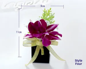 Macro detail of artificial purple orchid boutonniere with dimensions 9cm by 11cm