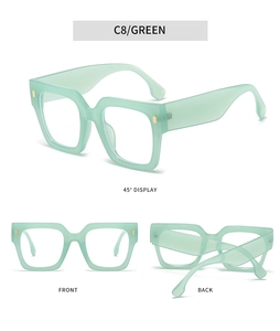 Detailed views of mint green square glasses frames with golden metallic side accents