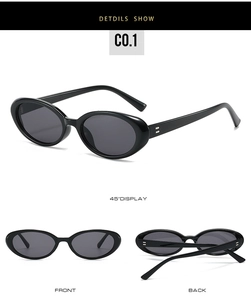 Three views of retro oval sunglasses showing front, back, and 45-degree side details