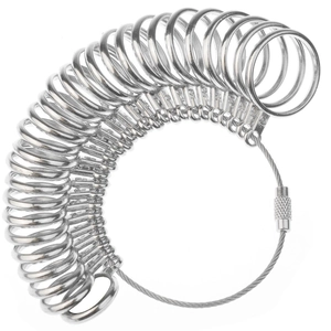 Metal ring sizer measuring tool set on wire rope cable for accurate finger sizing