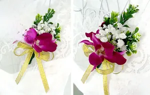 Detail of rose orchid boutonniere with gold ribbon for weddings and formal events