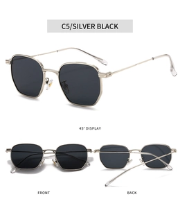 Detailed views of silver metal square sunglasses with black lenses and adjustable pads
