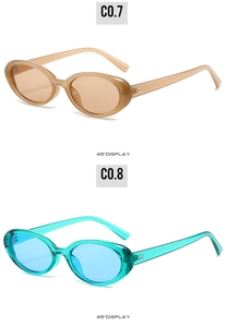 Detail view of oval vintage sunglasses in translucent brown and blue color options