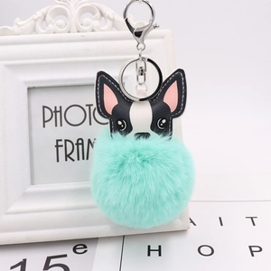 Detail of PU leather puppy keychain with mint green pompom and silver metal clasp