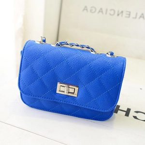 Mini blue quilted chain bag with silver twist lock and pebble grain texture