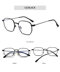 Three-view display of black geometric sunglasses C6 showing front, back, and 45-degree angle