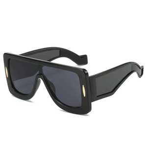 Futuristic square frame sunglasses in black with unique wide geometric temples and gold decor