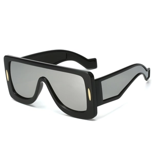 Futuristic square oversized sunglasses with silver mirrored lens and gold metal trim