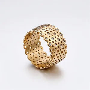 Hollow Lace Ring Stainless Steel 18K Gold Plated Zircon Wave Edge Wide Band Vintage Statement Jewelry For Women Daily