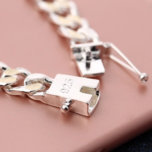 Bracelet gourmette bicolore en argent 925 pour homme avec fermoir détaillé et gravé
