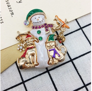 Detail of Christmas snowman brooch with cat and dog accents in colorful enamel and rhinestones