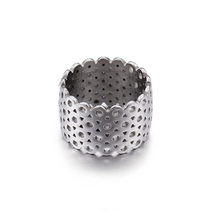 Polished silver wide hollow geometric ring with 18K white gold plating for women