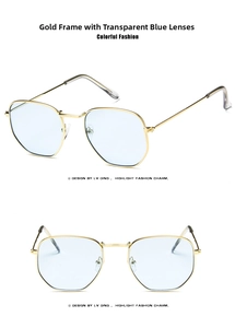 Detail of square gold metal frame sunglasses with transparent blue lenses from side view