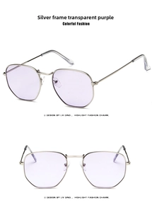 Close-up of small square metal sunglasses with silver frames and purple lenses