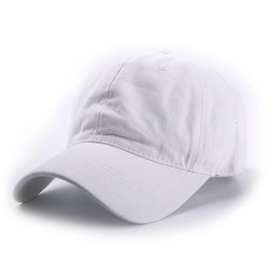 Detailed close-up of white washed cotton baseball cap showing stitching and breathable eyelets