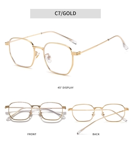 Macro view of C7 gold metal polygonal frames showing front and back angle details