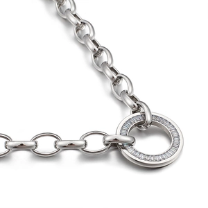 Silver chunky chain necklace with a round pendant inlaid with sparkling cubic zirconia stones