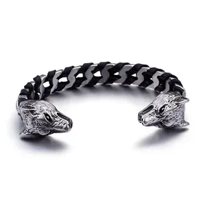 Mens punk double wolf head stainless steel bracelet with black braided cord leather