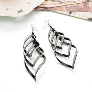 Fashionable black and silver spiral long earrings with a creative layered heart texture