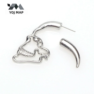 Detail view of silver punk hollow skull stud earrings with unique split design and cone drop
