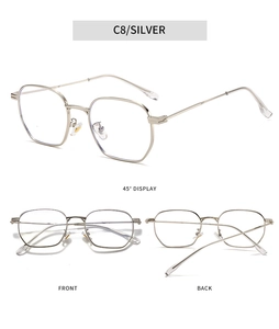 Detailed views of silver polygonal metal sunglasses frames from front and back angles