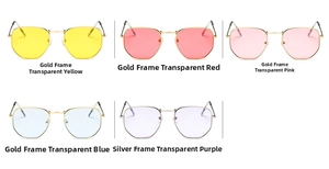 Detail display of metal frame polygonal sunglasses in various transparent color lenses