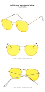 Three-angle views of square gold metal sunglasses with transparent yellow lenses