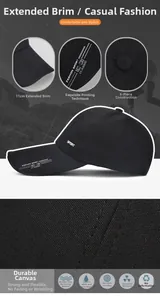 Détail d'une casquette de sport noire avec bord allongé de 11 cm et tissu en toile durable