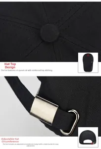 Détails de la couronne renforcée et boucle en métal ajustable sur casquette noire