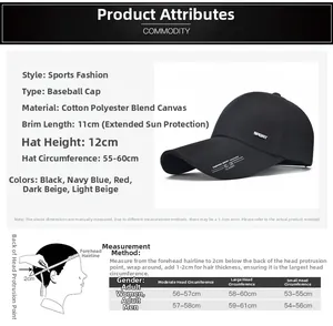 Guide des tailles détaillé pour casquette de baseball avec visière 11cm et tour de tête