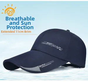 Detail showing the 11cm extended brim on a dark blue sun protection sports baseball cap