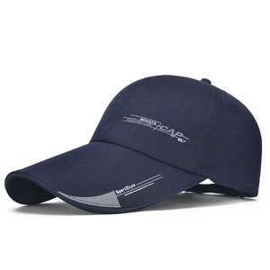 Navy blue sports baseball cap with side graphic print and gray brim detail from 45 degree angle