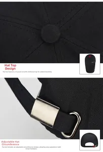 Detail of the 6-panel crown structure and adjustable metal buckle on the black cotton baseball cap
