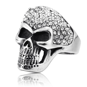 Gothic Punk Stainless Steel Skull Ring Silver Color Rhinestone Inlaid Skeleton Head Finger Ring For Men Women Fashion Jewelry Gift